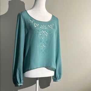 Xhilaration Teal Blouse with Floral Cutouts
